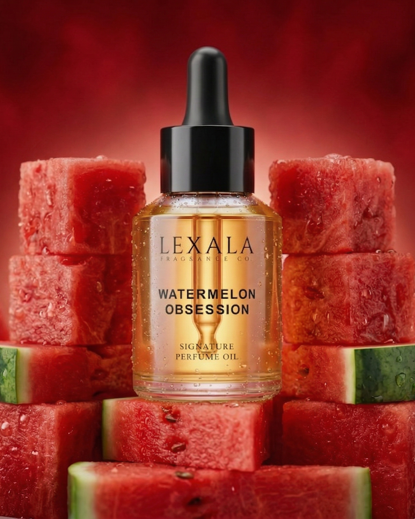 Lexala Watermelon Obsession perfume oil surrounded by watermelon pieces on a red background