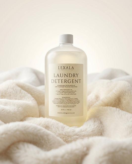 Bottle of Lexala laundry detergent on a soft white fabric background
